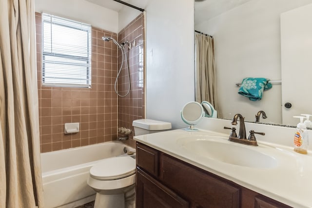 full bathroom with toilet, shower / bathtub combination with curtain, and vanity