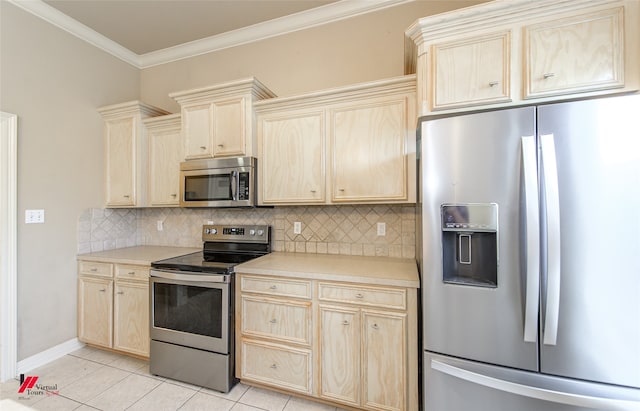 kitchen with tasteful backsplash, light tile patterned floors, stainless steel appliances, light brown cabinetry, and ornamental molding