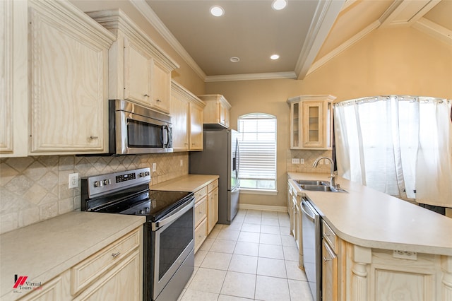 kitchen with tasteful backsplash, crown molding, sink, appliances with stainless steel finishes, and lofted ceiling