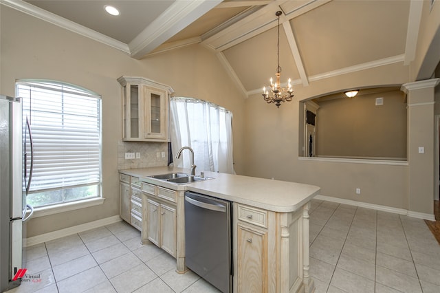 kitchen with vaulted ceiling with beams, tasteful backsplash, light tile patterned floors, stainless steel appliances, and sink