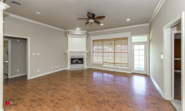 unfurnished living room featuring ornamental molding, hardwood / wood-style floors, and ceiling fan