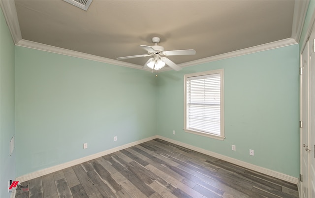 spare room with hardwood / wood-style flooring, ornamental molding, and ceiling fan