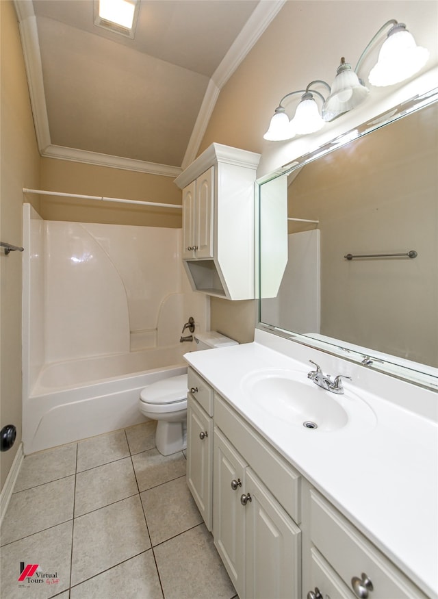 full bathroom with tile patterned flooring, shower / bath combination, toilet, vanity, and ornamental molding