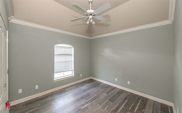 empty room featuring ornamental molding, wood-type flooring, and ceiling fan