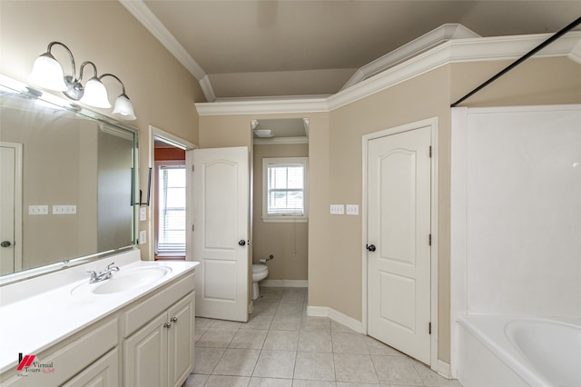 full bathroom featuring vanity, tile patterned floors, ornamental molding, shower / bath combination, and toilet