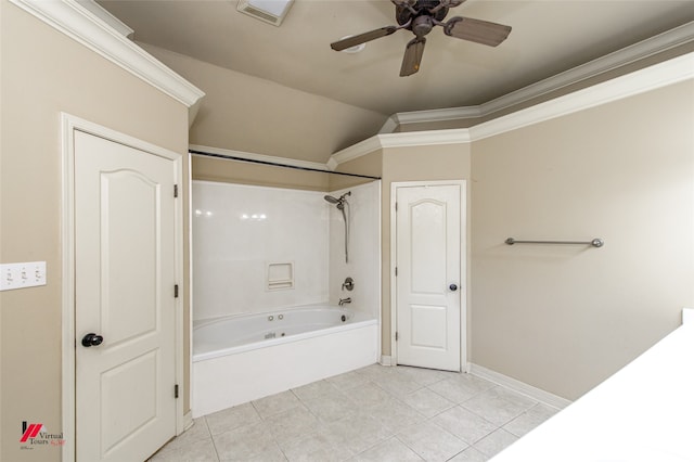 bathroom featuring shower / bath combination, vaulted ceiling, tile patterned flooring, ceiling fan, and ornamental molding