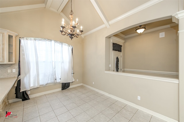 unfurnished dining area with a notable chandelier, light tile patterned floors, vaulted ceiling with beams, and crown molding