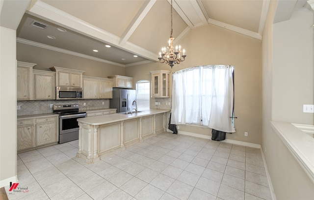 kitchen featuring vaulted ceiling with beams, tasteful backsplash, light tile patterned floors, kitchen peninsula, and stainless steel appliances