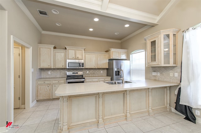 kitchen with stainless steel appliances, kitchen peninsula, light tile patterned floors, decorative backsplash, and ornamental molding