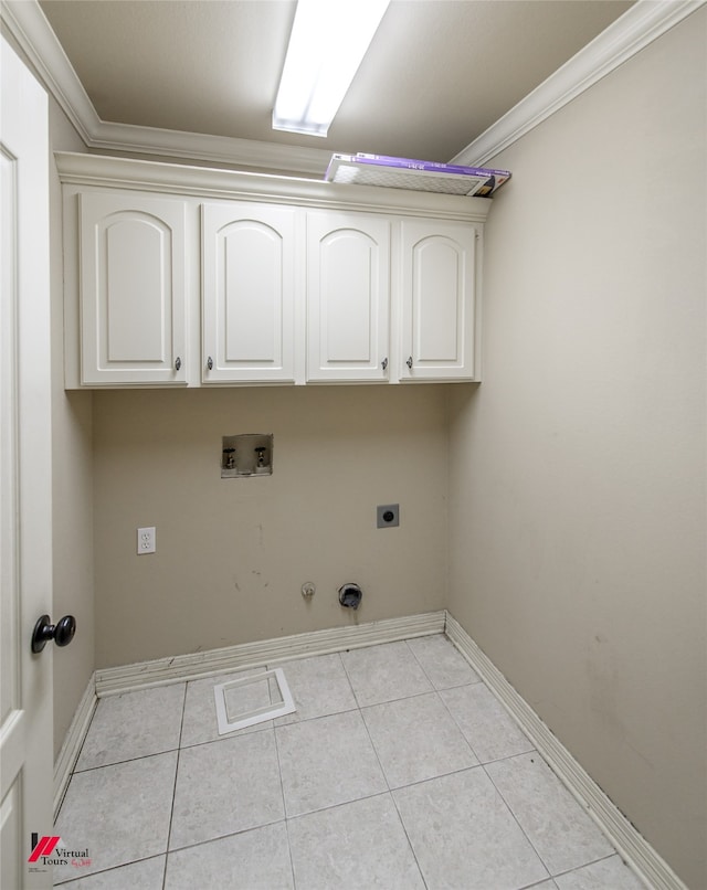 laundry area featuring hookup for an electric dryer, light tile patterned floors, washer hookup, hookup for a gas dryer, and ornamental molding