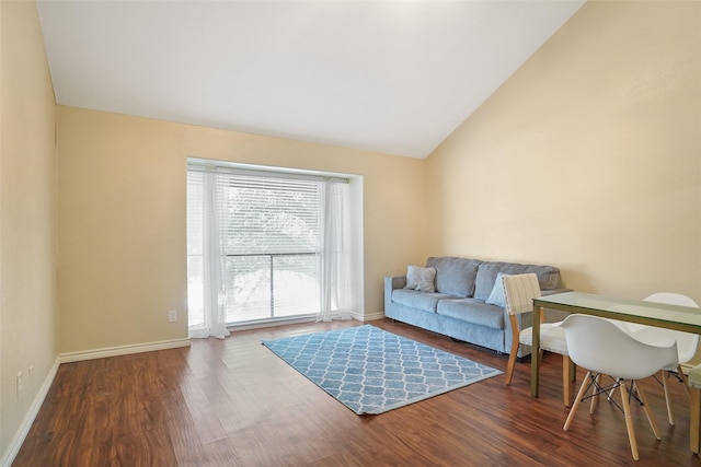 sitting room with wood-type flooring and high vaulted ceiling