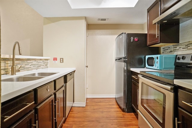 kitchen with extractor fan, sink, backsplash, stainless steel appliances, and dark brown cabinets