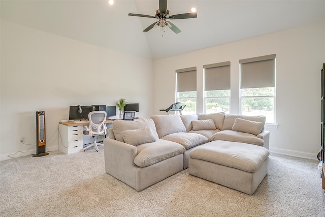 living room with high vaulted ceiling, ceiling fan, and carpet flooring