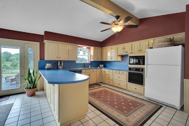 kitchen featuring plenty of natural light, sink, lofted ceiling, and black appliances