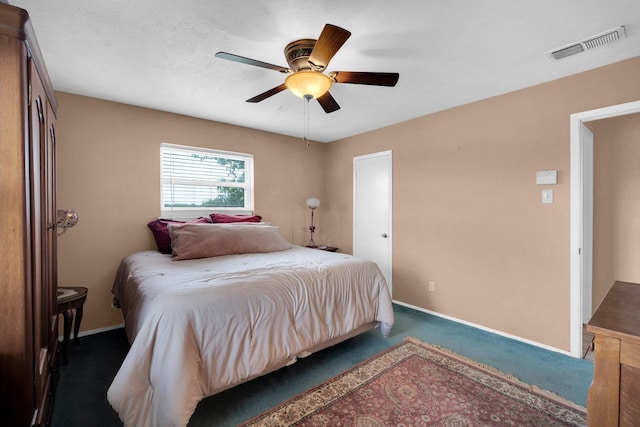 bedroom with dark carpet and ceiling fan