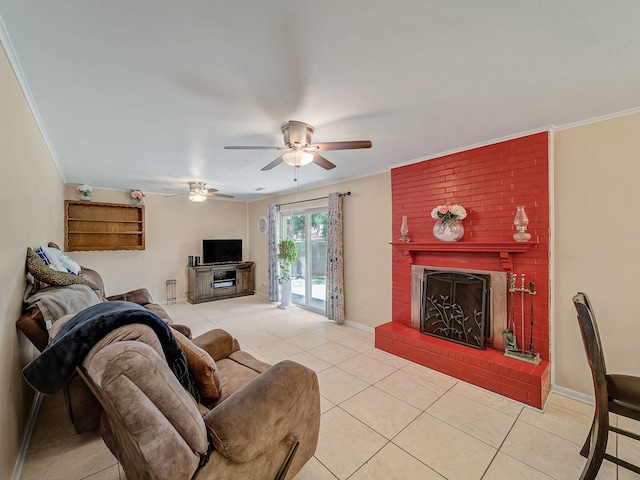 living room featuring crown molding, ceiling fan, light tile patterned flooring, a fireplace, and brick wall