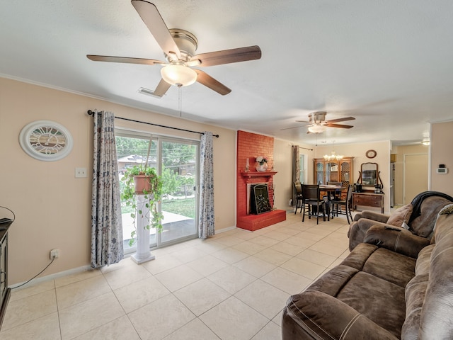 tiled living room with brick wall, a fireplace, crown molding, and ceiling fan