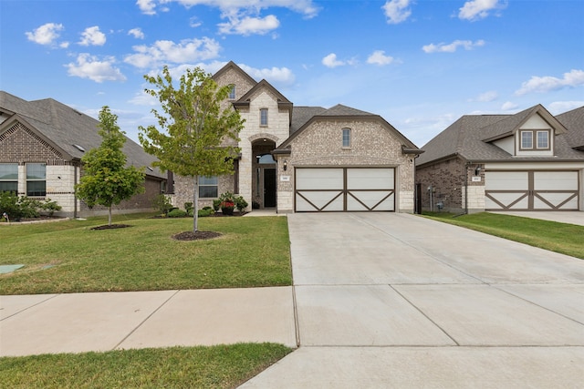 french provincial home featuring a front yard and a garage