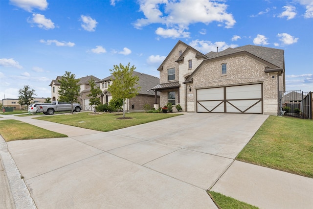 french country style house with a garage and a front lawn