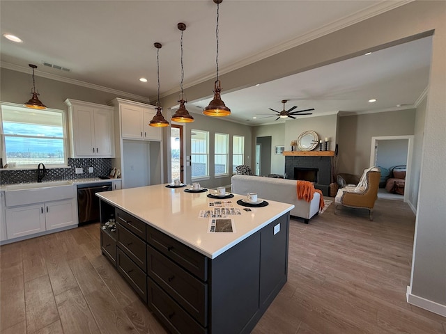 kitchen featuring white cabinetry, hanging light fixtures, a center island, and dishwasher