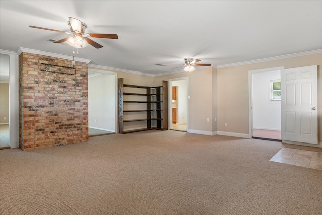 unfurnished living room with ceiling fan, ornamental molding, and light colored carpet