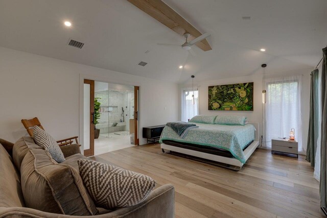 bedroom featuring ensuite bathroom, vaulted ceiling with beams, ceiling fan, and light hardwood / wood-style flooring