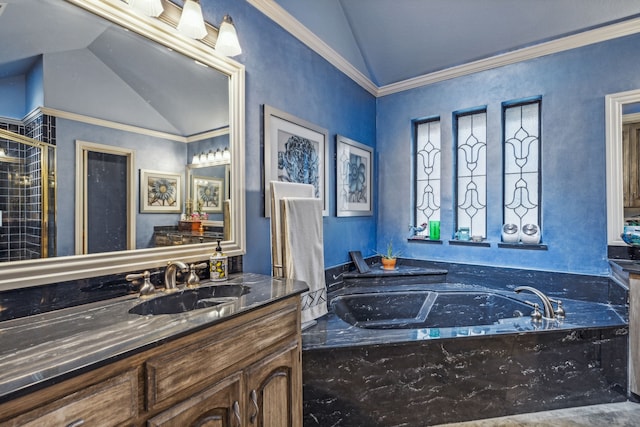 bathroom featuring lofted ceiling, vanity, ornamental molding, and separate shower and tub