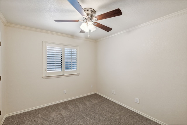 carpeted empty room with crown molding and ceiling fan