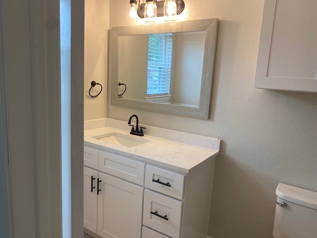 bathroom featuring toilet, a textured wall, and vanity