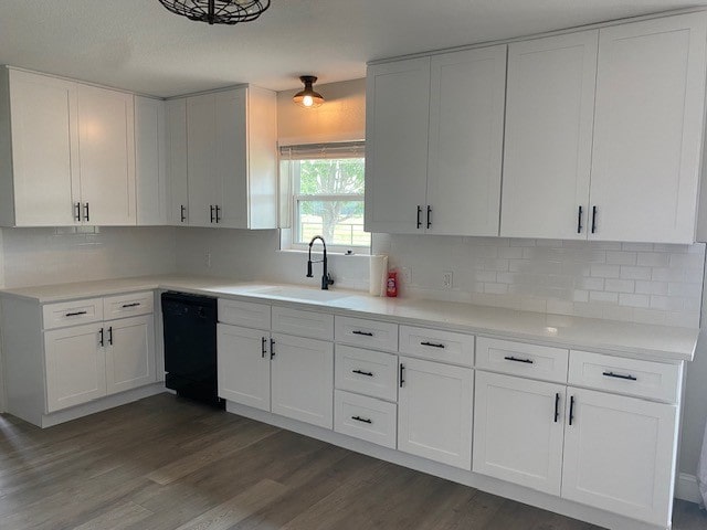 kitchen with dark hardwood / wood-style flooring, dishwasher, and tasteful backsplash