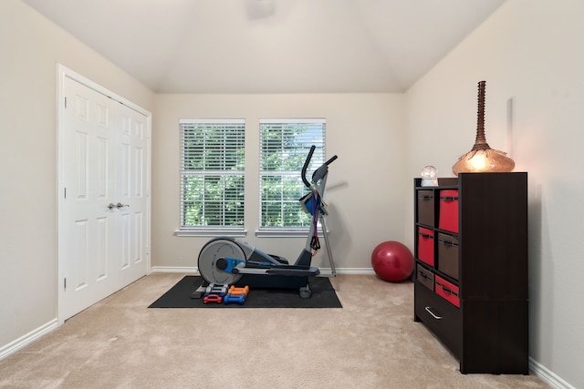 exercise room with lofted ceiling and light colored carpet