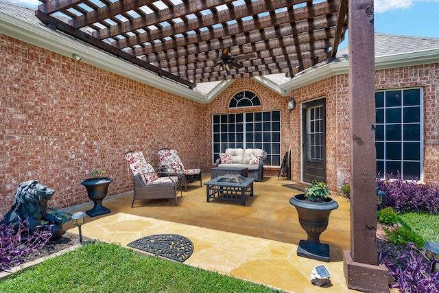 view of patio featuring a pergola, outdoor lounge area, and ceiling fan