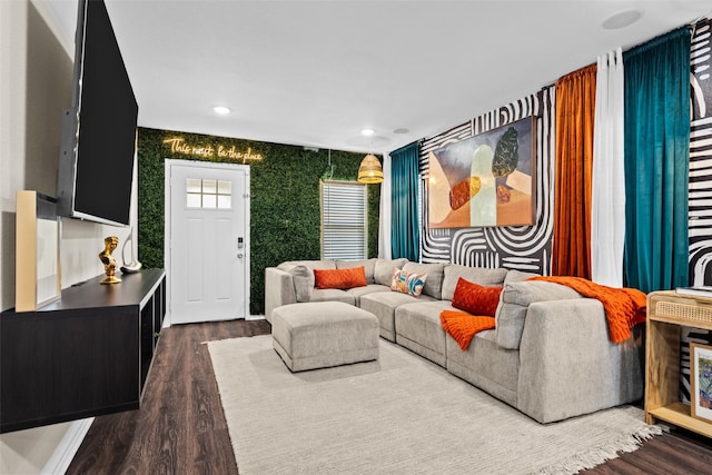 living room with dark hardwood / wood-style floors