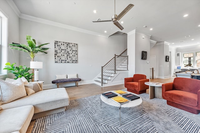 living room with ceiling fan, light hardwood / wood-style flooring, and ornamental molding