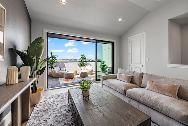 living room featuring wood-type flooring and lofted ceiling