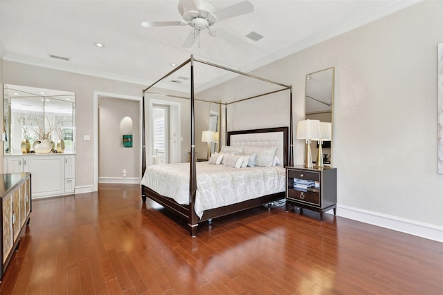 bedroom featuring ceiling fan, wood-type flooring, and ornamental molding