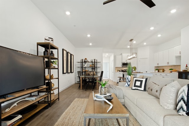 living room with wood-type flooring and ceiling fan