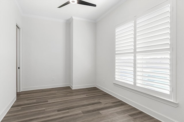 unfurnished room with ceiling fan, hardwood / wood-style floors, and crown molding