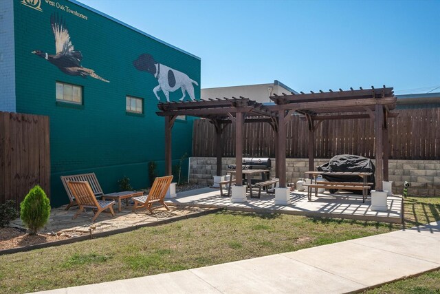 view of yard with a patio, an outdoor hangout area, and a pergola