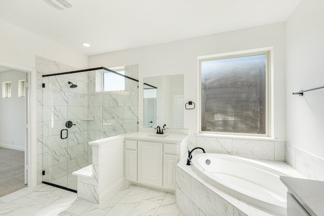 bathroom with vanity and plus walk in shower