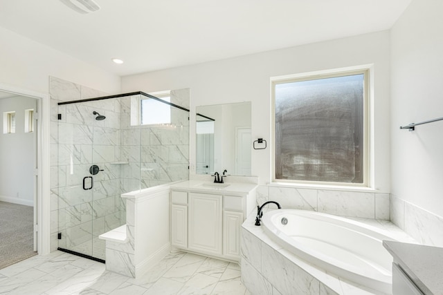 full bath with vanity, a marble finish shower, marble finish floor, visible vents, and a garden tub