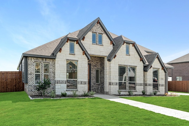 view of front of house with fence, a shingled roof, a front yard, and stone siding