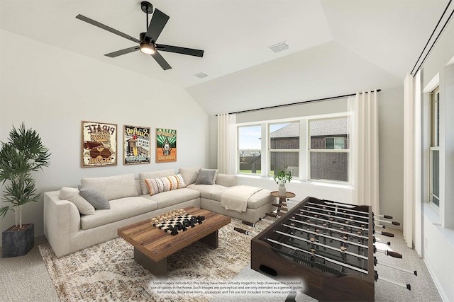 carpeted living area featuring visible vents, ceiling fan, and lofted ceiling