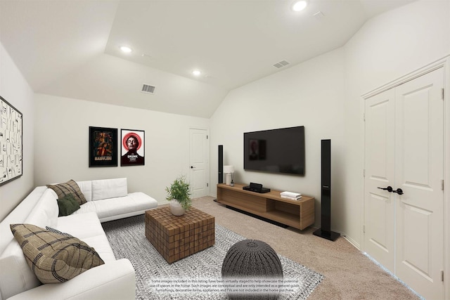 living area with light colored carpet, vaulted ceiling, recessed lighting, and visible vents