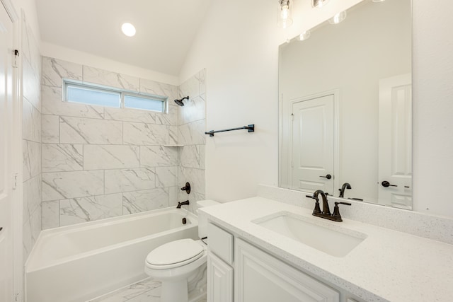 full bathroom with toilet, tiled shower / bath, vanity, and lofted ceiling