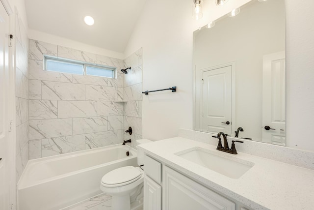 bathroom with vanity, marble finish floor, lofted ceiling, bathing tub / shower combination, and toilet