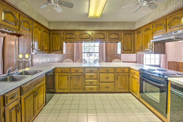 kitchen with sink, kitchen peninsula, ceiling fan, and black appliances