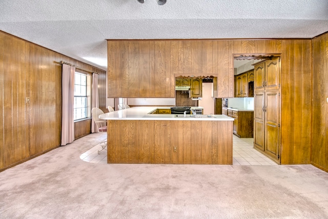 kitchen with light carpet, wood walls, a textured ceiling, and kitchen peninsula