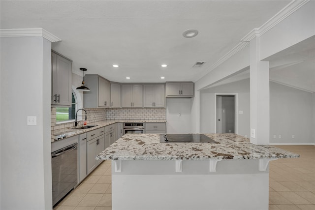 kitchen featuring gray cabinetry, light tile patterned floors, stainless steel appliances, sink, and ornamental molding