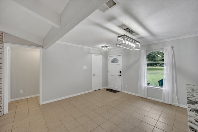 interior space with vaulted ceiling with beams and light tile patterned floors